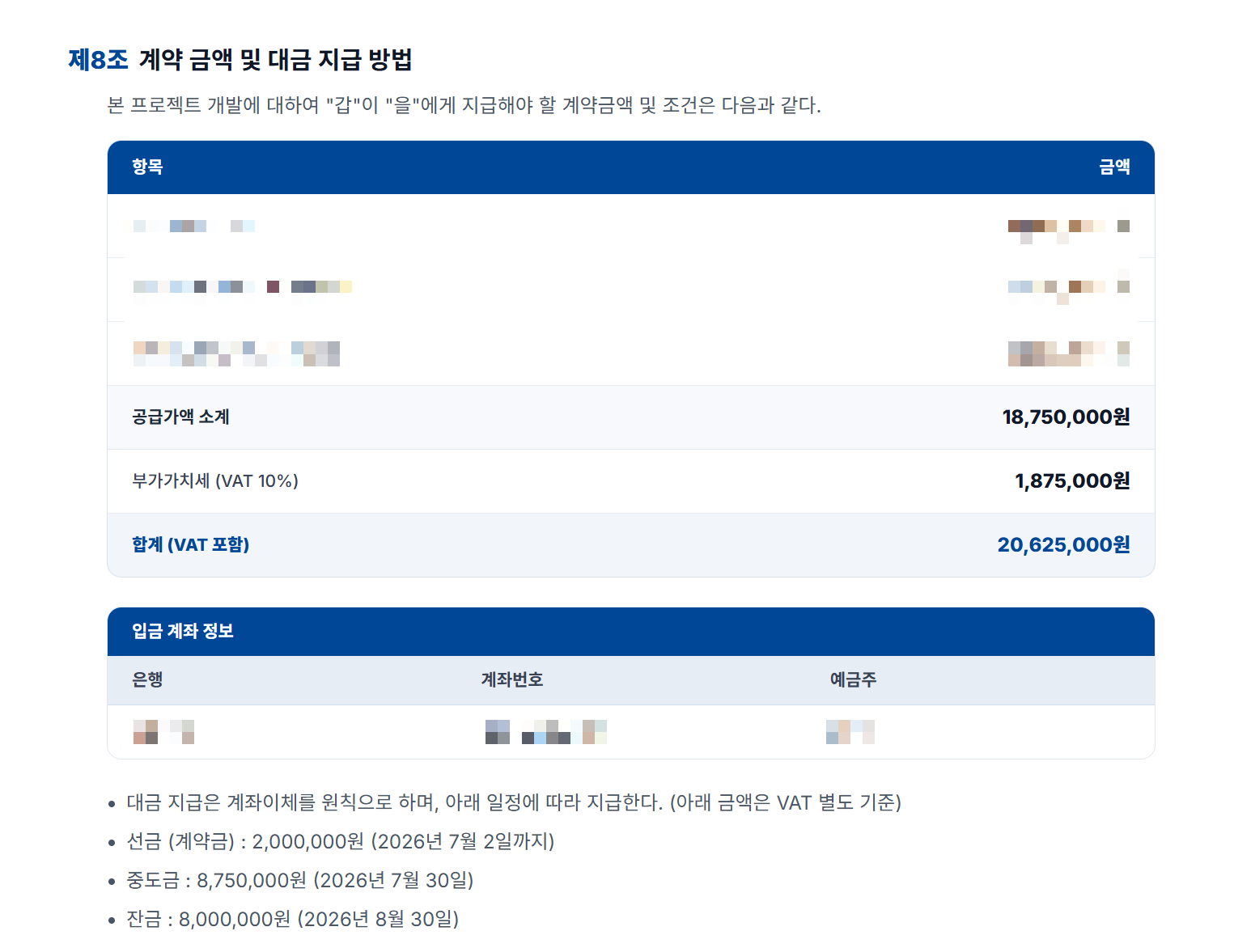 사주 서비스 계약서: 공급가액 18,750,000원, VAT 포함 20,625,000원